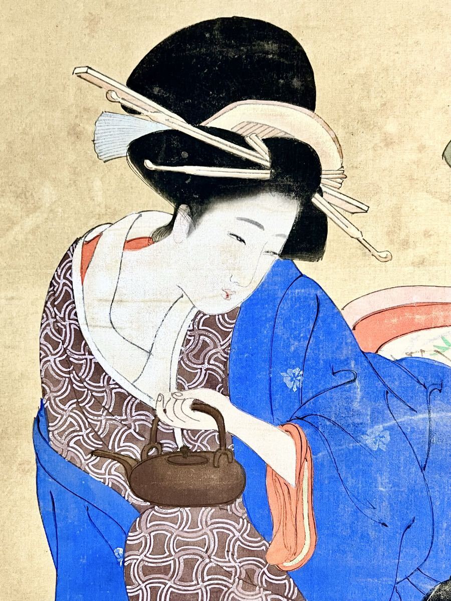 真作】【S8】伊東深水「吉原」絹本 肉筆 合箱 遊女 美人画 侍 歴史風俗
