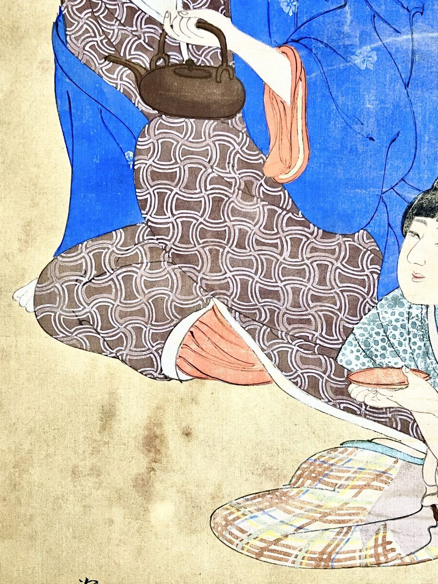 真作】【S8】伊東深水「吉原」絹本 肉筆 合箱 遊女 美人画 侍 歴史風俗