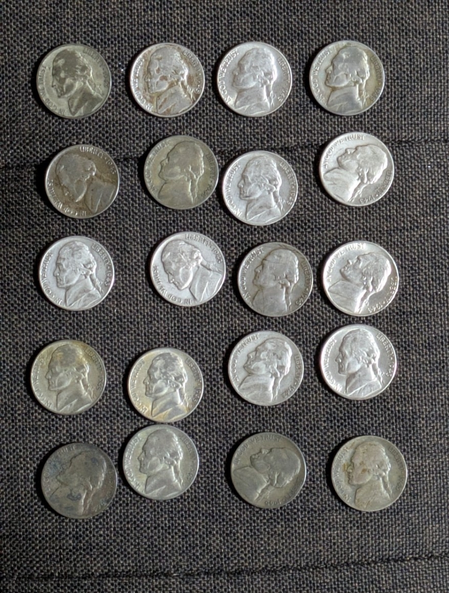 アメリカ 銀製硬貨セット TO.1945 銀貨 20枚 ウォータイムニッケル アメリカ 5セント まとめ 銀350 硬貨