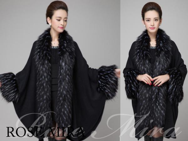 モノトーン♪豪華ファー付きポンチョコート結婚式A526ブラック