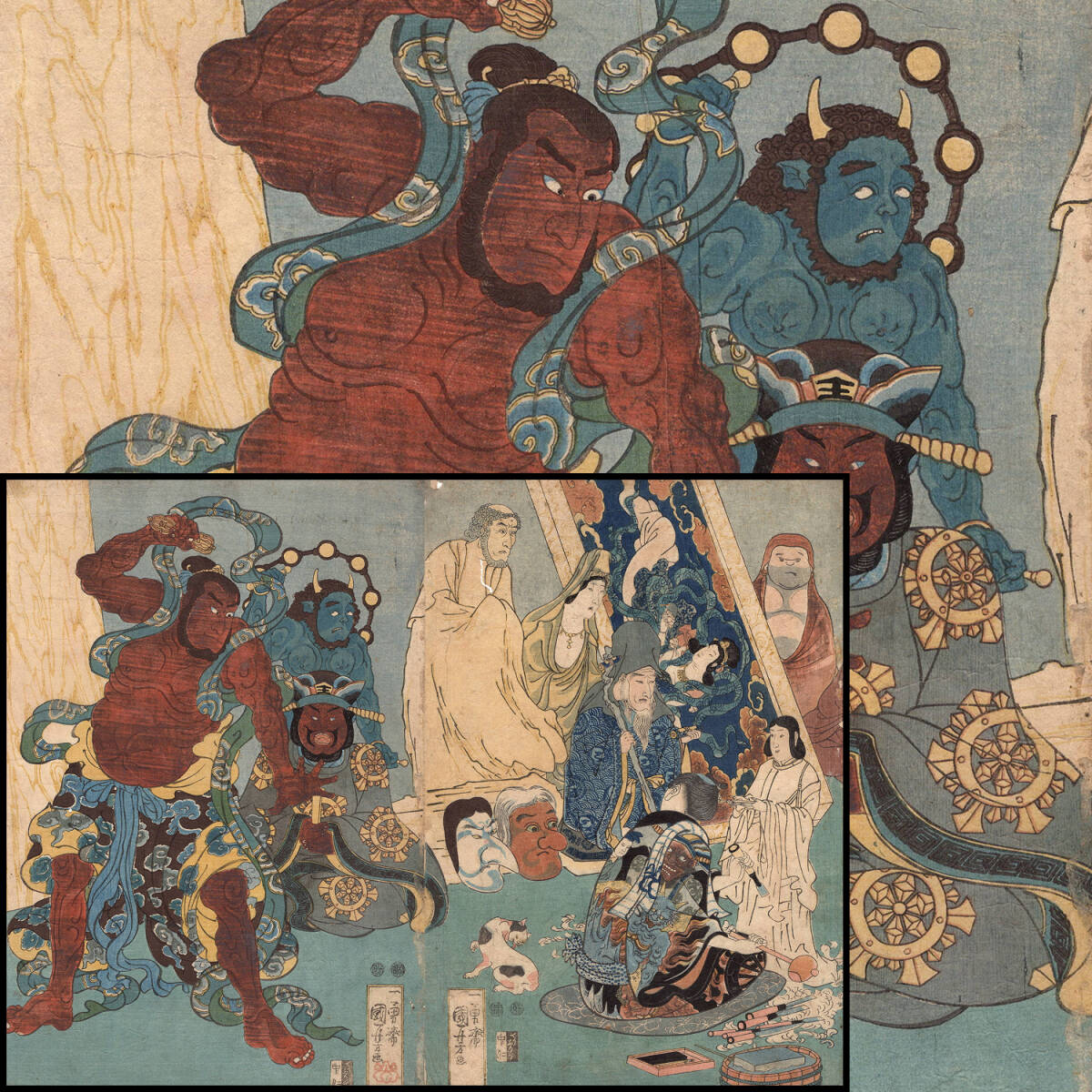 5-7 浮世絵【真作】一勇斎 国芳 歌川国芳 初期 風刺 仏 達磨 閻魔 鬼