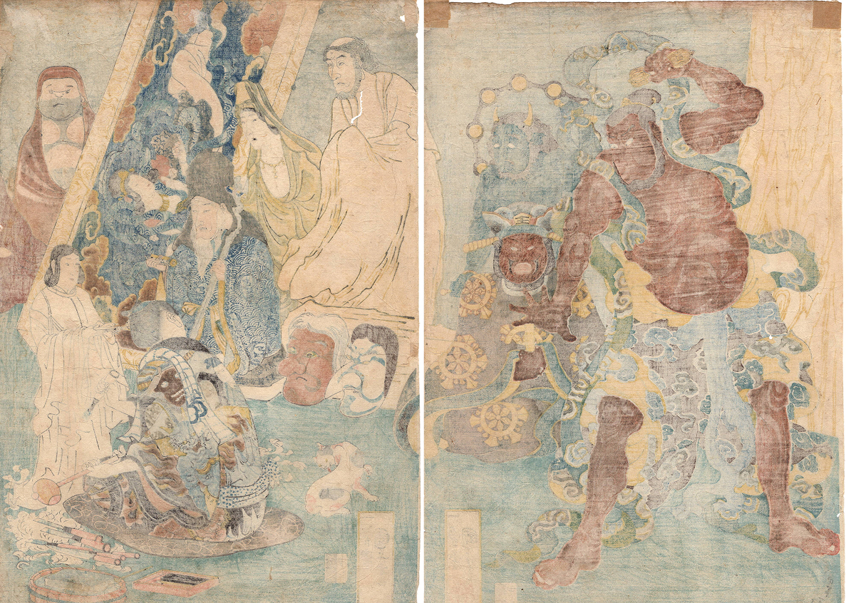 5-7 浮世絵【真作】一勇斎 国芳 歌川国芳 初期 風刺 仏 達磨 閻魔 鬼