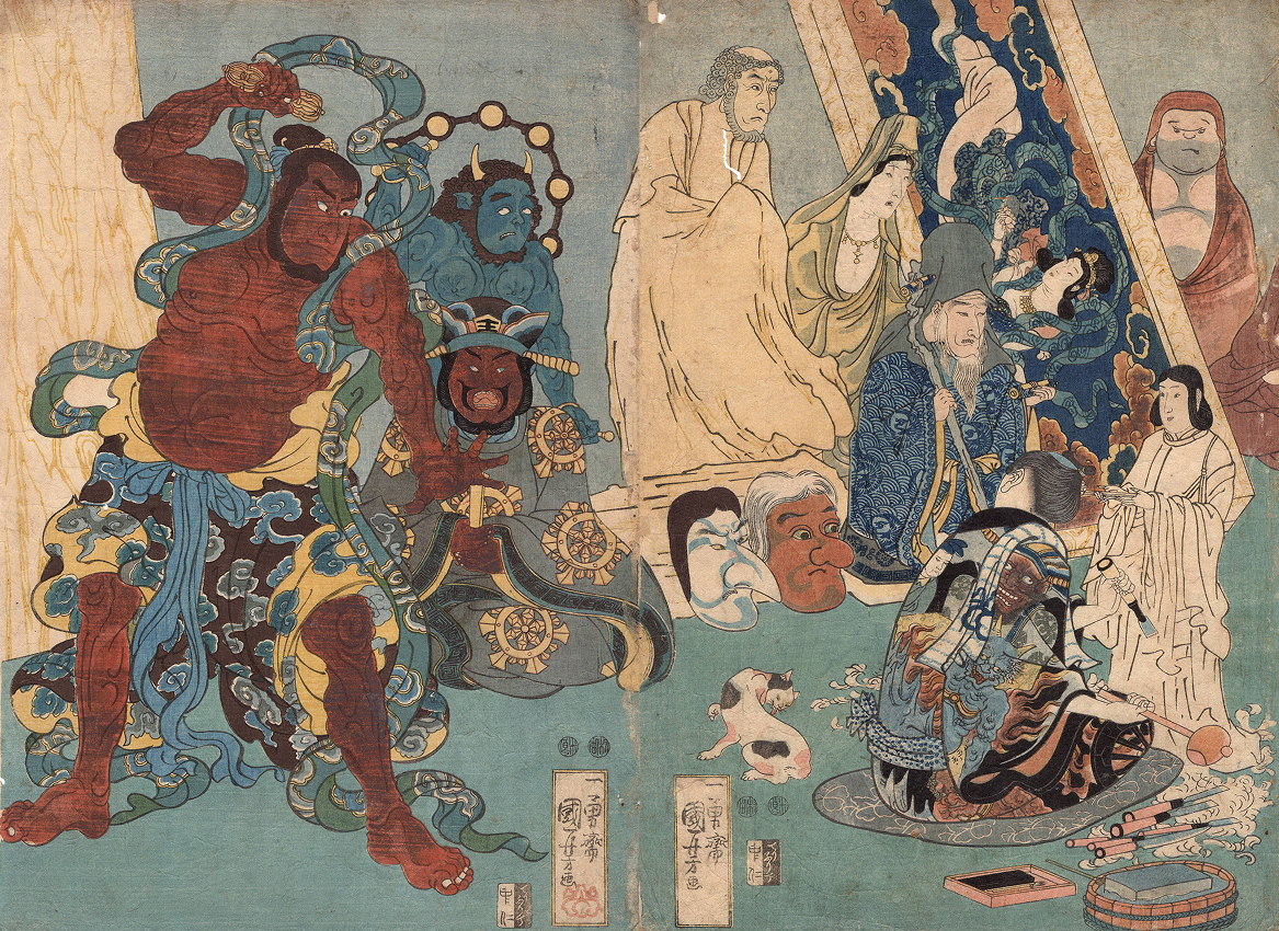5-7 浮世絵【真作】一勇斎 国芳 歌川国芳 初期 風刺 仏 達磨 閻魔 鬼