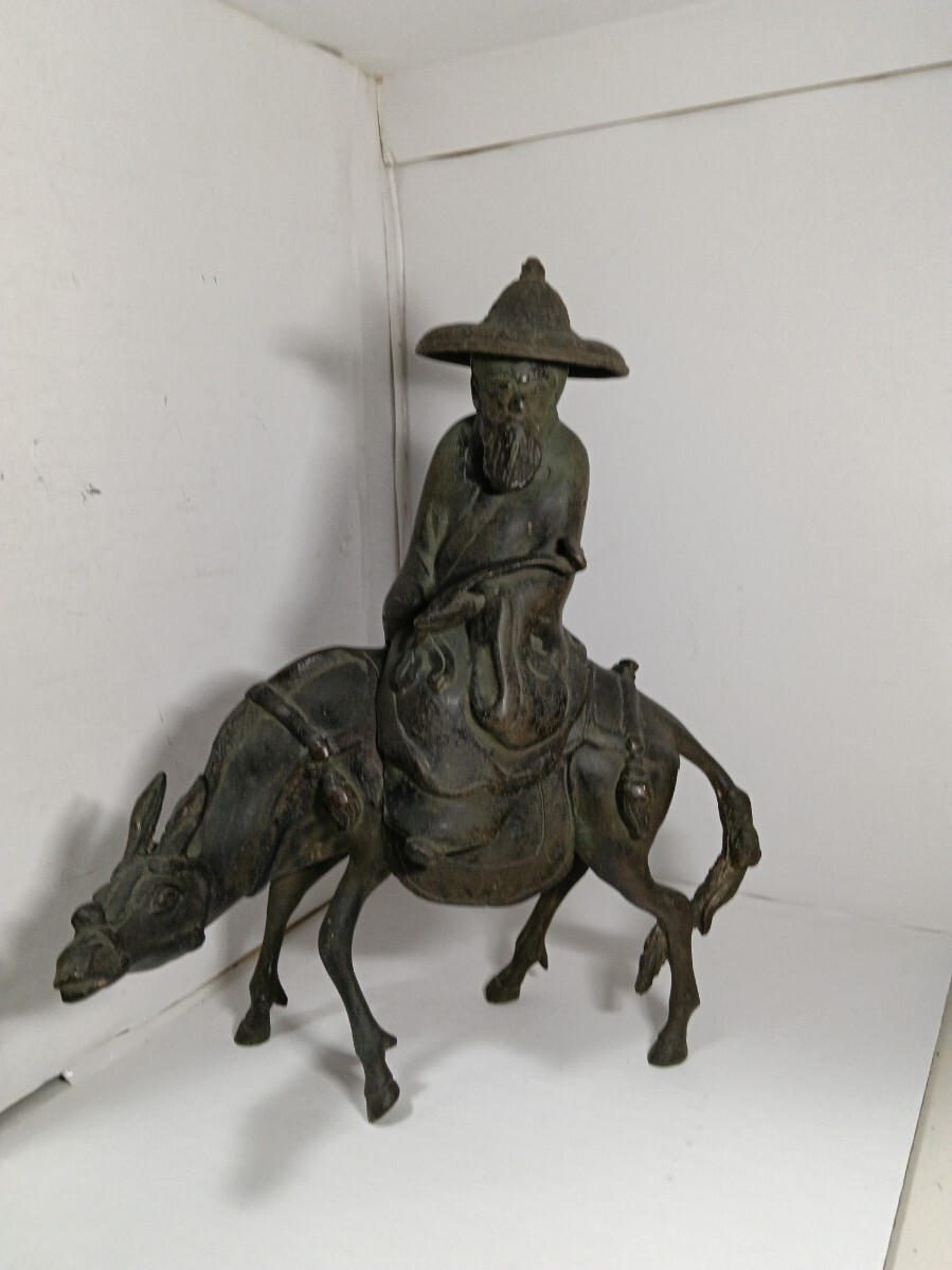 古美術】文人 仙人 騎驢像 彫刻 時代物 ブロンズ 銅製 騎馬 読書 香炉