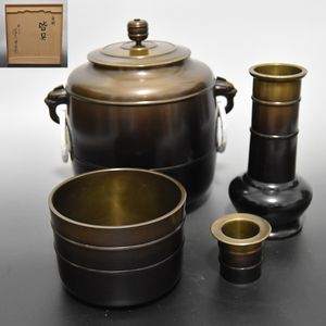 鳳】高岡銅器 黒瀬宗康作 唐銅鬼面鐶付 皆具4点セット（水指 建水 蓋