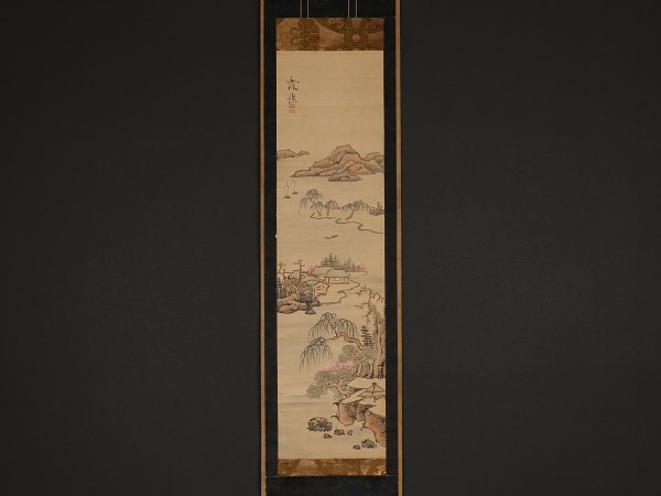 伝来】j1335〈池大雅〉桃春湖畔図 大日本美術院極箱 文人画 絵画 山水