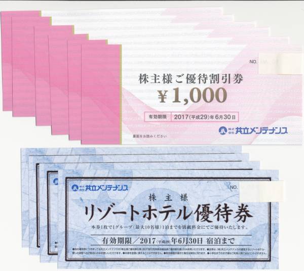 共立メンテナンス株主優待券6千円分＋リゾートホテル券 4枚付
