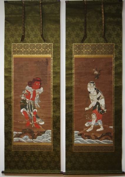 掛軸 直筆 矜羯羅童子 制多迦童子 仏画 古画 双幅 箱入り(人物、菩薩 