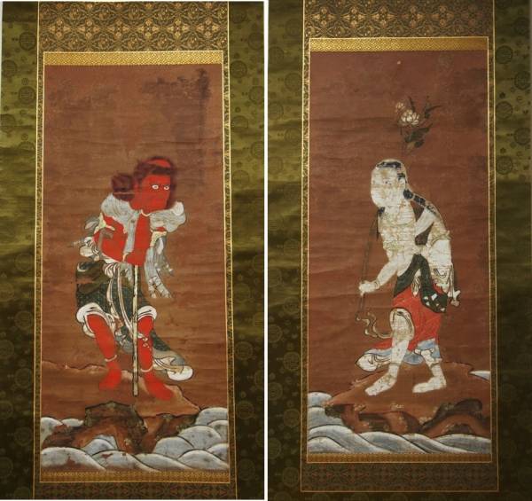 掛軸 直筆 矜羯羅童子 制多迦童子 仏画 古画 双幅 箱入り(人物、菩薩