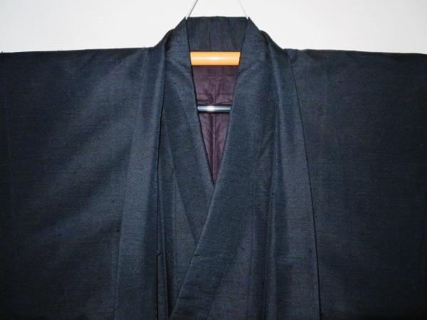壱6445 本絹古代結城紬 男着物羽織 裄70К丈137濃紺粗細ほっこり