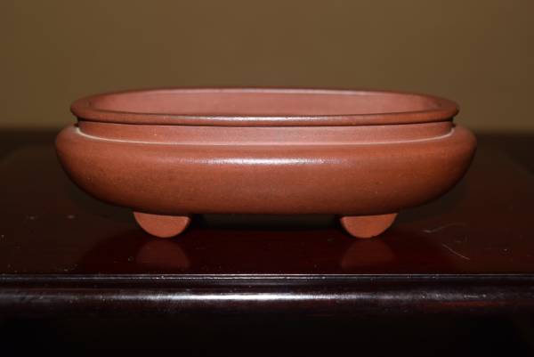中国古盆器＜中国宜興・在銘＞朱泥・外縁袋式楕円鉢