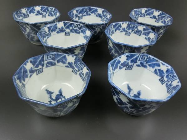 古伊万里 染付 芭蕉雷文図 八角 猪口 7個 (江戸時代) 古伊万里