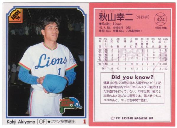 ☆BBM91　オールスターカード　西武　清原和博、秋山幸二、工藤公康含むコンプリートセット全8枚☆_2