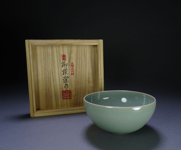 人間国宝 柳海剛作 青磁 鶴図 茶碗 共箱 茶道具 【公式通販】
