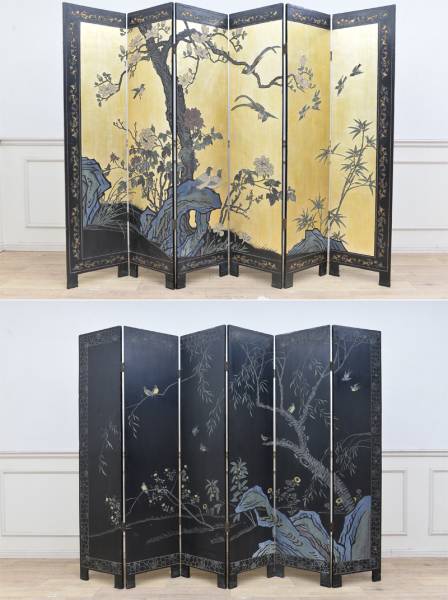 家具 中国・螺鈿，金箔4連パーテーション