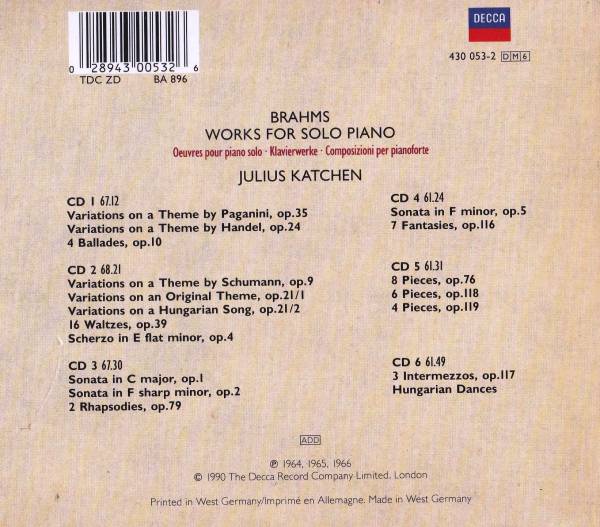 廃盤超希少 6CD 初期西独盤 ジュリアス・カッチェン ブラームス 独奏 