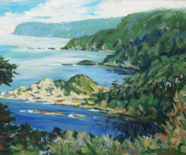 油彩画 川と崖の風景 1172445xG10 崖からの眺め 島田正雄 油彩 20号 大作「能登の岬(関の鼻