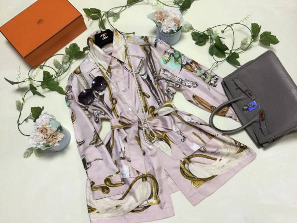 281エルメスHERMES☆彡綺麗色☆ベルト付☆シルク☆オーバーシャツ 