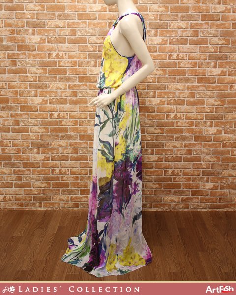 1円blugirl◇定価11万 イタリア製 パープル×イエロー系 フローラルプリント シルク100％ マキシ丈 ロングドレス ワンピース z603*i40新品
