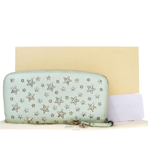 【中古】 ジミーチュウ JIMMY CHOO ラウンドファスナー 長財布 星型 スタッズ ライトグリーン レザー 保存袋 保存箱付き 02S774