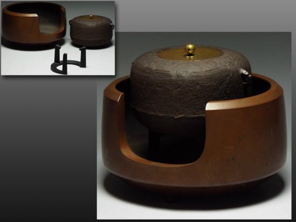 【静岡】318A 黄銅製 風炉 鉄製 茶釜 五徳付 茶道具 約9kg