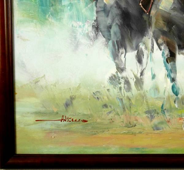 作者不詳『競馬』◇油彩30号◇直筆サイン有◇迫力の躍動感！