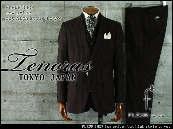 【新品】春夏秋 メンズティノラス コンバーチブルベスト付 スリーピース スーツ/背抜き 【Ｌ】黒 赤ストライプ TENORAS / F2868