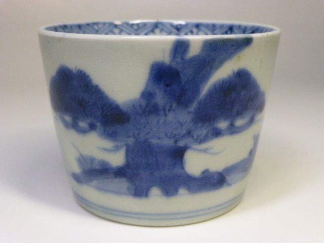 【完品】古伊万里 〈松竹梅に鳥の図〉 3客 そば猪口 蛇の目高台 江戸 (青9) ☆古伊万里！そば猪口/のぞき猪口！江戸末期！染付 三蓋松紋 そば猪口