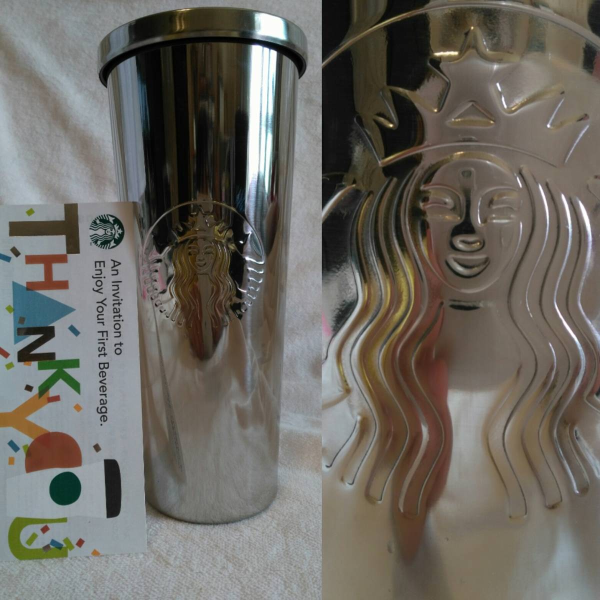 【日本未発売】スタバ☆ベンティより大きい24oz710ml☆新品☆未使用【ステンレスタンブラー サイレンのエンボス】無料ドリンクチケット付
