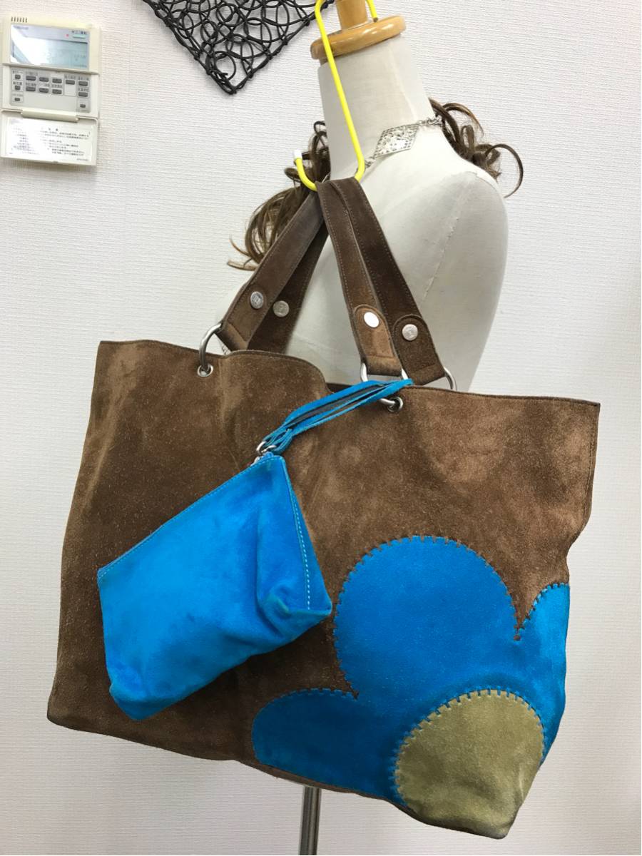 ＠100円～　★セリーヌ　スエード　フラワーアクセント　トートバッグ　チョコブラウン　ポーチ付き　鮮やかなブルーが映えます♪