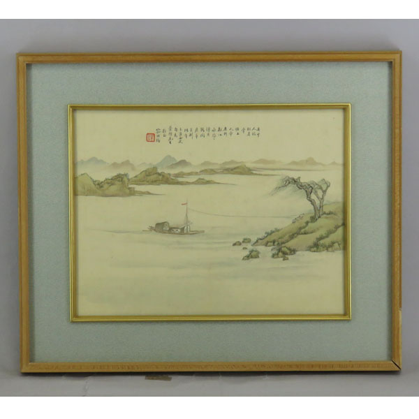 中国書画②〔容祖椿 肉筆絹本 山水図 額装〕掛軸 唐画