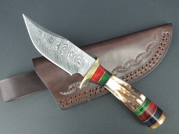 ダマスカス鋼 ハンティング ナイフ 鹿の角 ハンドメイド 新品