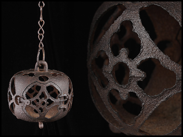 AX343 時代物 古鉄七宝透丸形吊灯籠・鉄吊灯籠・鉄灯籠・鉄灯篭・鐵灯籠・鐡灯篭・鉄燈篭・鉄燈籠☆照明具古道具古民具鉄器