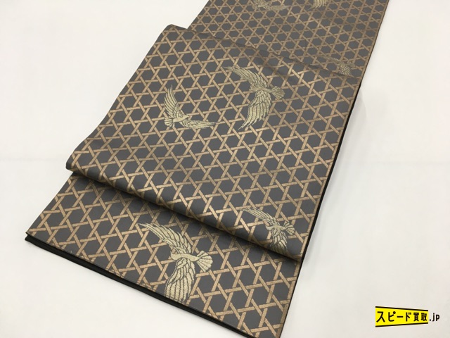 スピ買■ 着物 1円 逸品 袋帯 灰色 鳥 斉藤三才風 幾何学文 金糸 六通 正絹 ☆☆☆☆☆