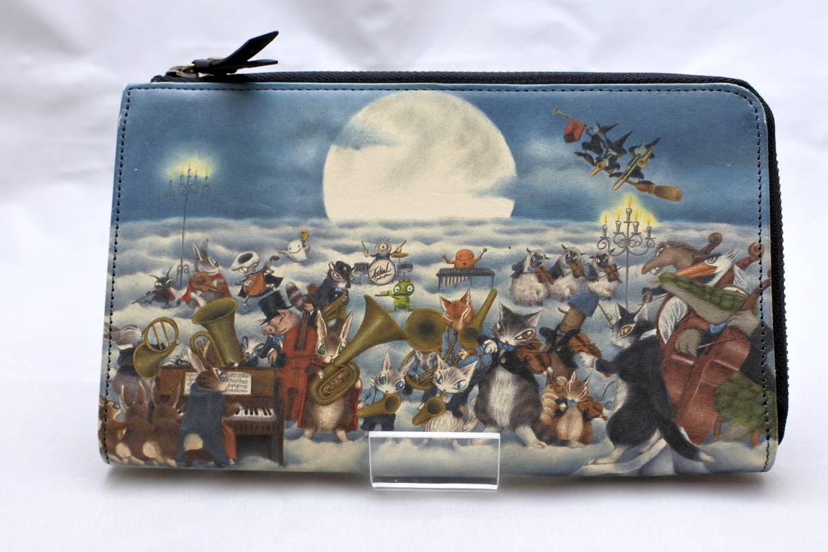美品★廃盤品　わちふぃーるど　ダヤン　牛革Lファスナー長財布　大容量　アート 革　WACHI FIELD 音楽会　通帳ケースにも♪　ウォレット