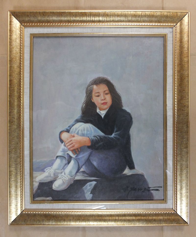 人物画藤井勉油絵F6号額付き手描き肉筆 藤井勉 人物画 ◎
