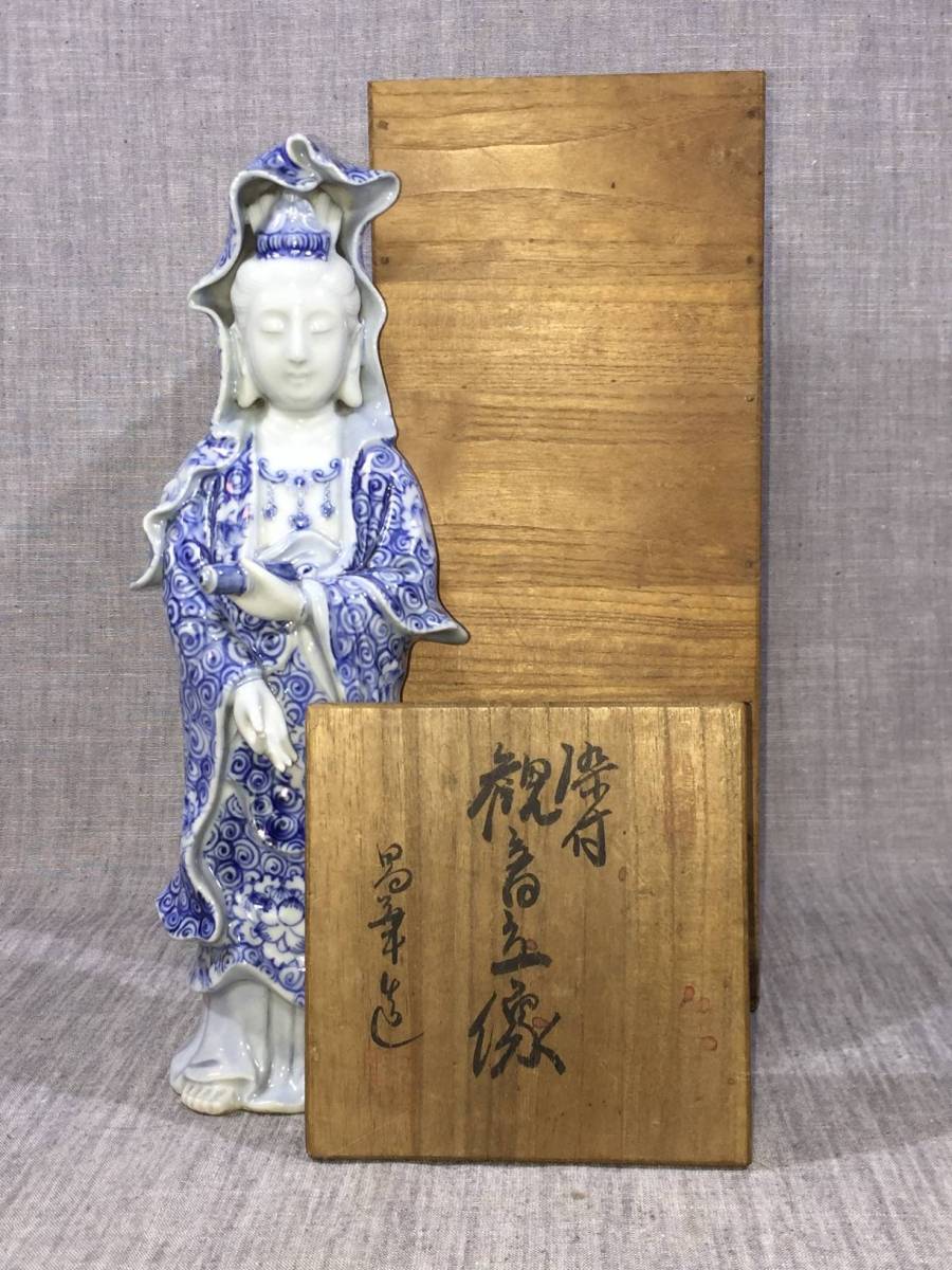 九谷焼 染付観音菩薩 高さ約30cm 立像 仏像 仏教美術 Yahoo
