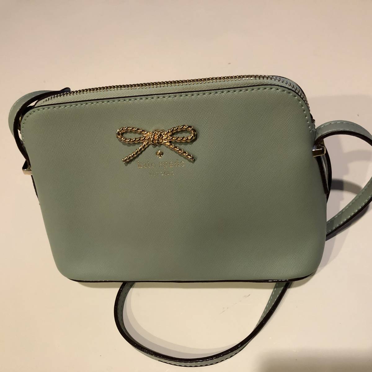 本物☆ケイトスペード　斜め掛けショルダー　台形　リボン　ブルーグレー