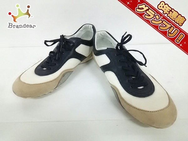 トッズ TOD'S 靴 スニーカー 7 1/2 ヌバック×レザー×エナメル（レザー）×化学繊維 アイボリー×黒×シルバー メンズ
