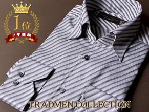 【新品/新作】1.2万 TRADMEN COLLECTION【Lサイズ】形態安定 斜めストライプ柄 開襟 スナップダウン ドレスシャツ /トラッドマン 灰 B4121