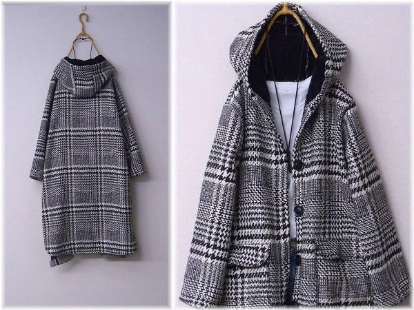 チェック柄カシミヤ100ロングコート ファー付き 1円～新品フード裏地モコモコ♪チェック柄ロングコートC867Ta☆白黒
