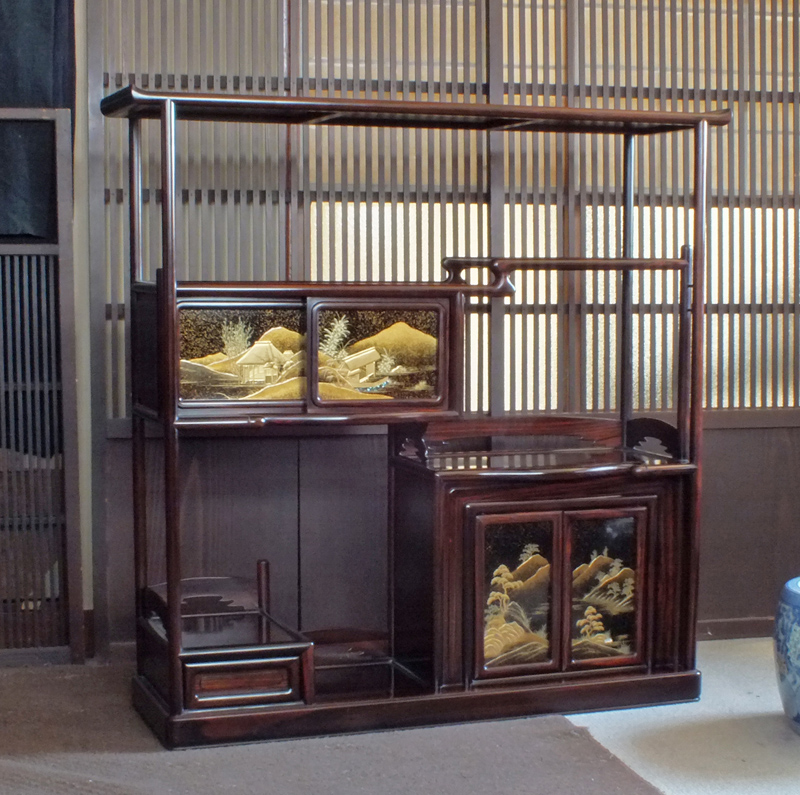 極美品！漆高蒔絵螺鈿細工 縞黒檀飾り棚 /日本製アンティーク和モダン 