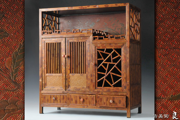 ▽良▽清朝時代斑竹組寿山石摘器局棚　存星花蝶図漆内板　高さ63㎝　中国古董古玩煎茶道具_1