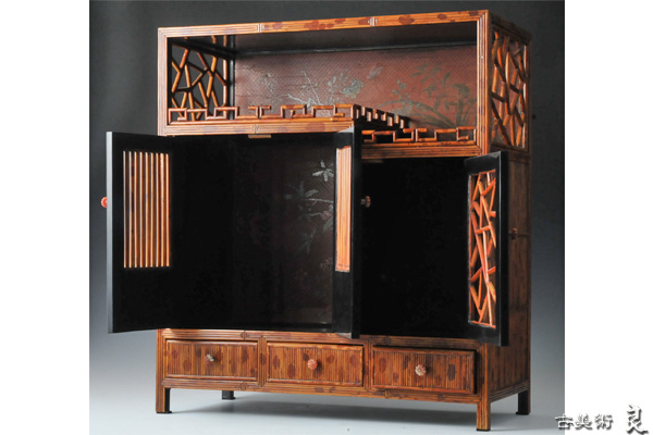 ▽良▽清朝時代斑竹組寿山石摘器局棚　存星花蝶図漆内板　高さ63㎝　中国古董古玩煎茶道具_2