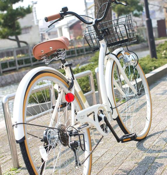 本州送料無料▲前カゴ/カギ/ライト付き★26インチ折り畳み自転車★シマノ6段ギア★グリップシフト★タウンサイクル★アイボリー