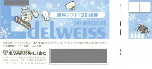 ☆エーデルワイス Edelweiss 全日 リフト券 リフト1日券 引換券☆2枚1
