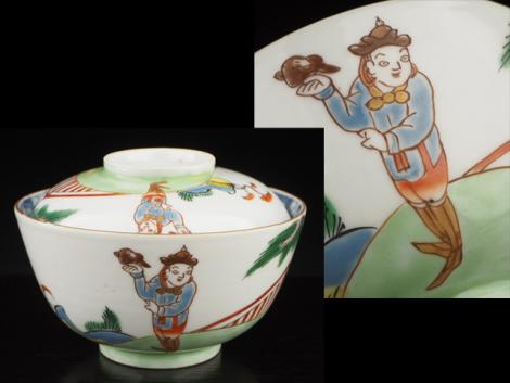 夢工房】 古伊万里 色絵 南蛮人図 蓋茶碗 文化文政期 長崎出島 紅