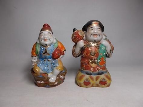 ■時代九谷色彩戎・大国様人形置物二体■検）古玩金色彩人物