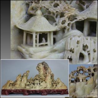 中国美術 楼閣山水彫刻 寿山石 細密彫 置物 盆栽 鑑賞石 幅約41.5cm 重