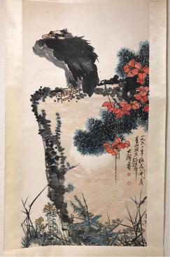 掛け軸 - 中国美術研究者 : 「松鷹図 潘天寿書 中国・近現代 古美術